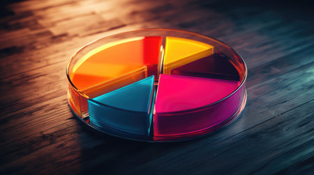 A vibrant circular chart showcases bright segments on a wooden surface, blending modern design with artistic flair. Ideal for data visualization and creative presentations.の素材