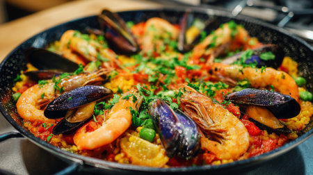 Enjoy a colorful plate of seafood paella packed with shrimp, mussels, and fresh herbs, perfect for gatherings or a special meal to impress guests.の素材