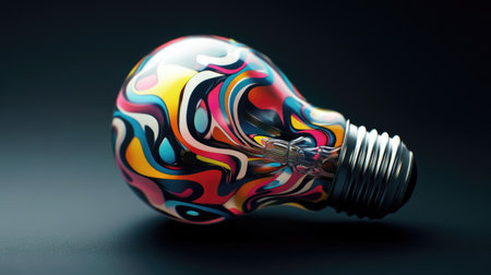 A vibrant, abstract light bulb design featuring swirling colorful patterns against a dark backdrop, symbolizing creativity and innovation in art and technology.の素材