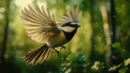 A picturesque bird gracefully soaring through a lush green forest. The soft sunlight highlights its vibrant feathers, creating a serene and dynamic atmosphere.の素材