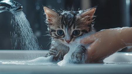 A cute kitten gets a bubbly bath in a sink, showcasing the delightful interaction between pet and caregiver. Perfect for animal care themes.の素材