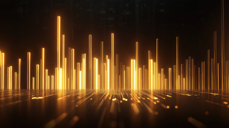 A mesmerizing abstract image featuring golden light patterns on a dark background, perfect for technology and digital design themes.の素材