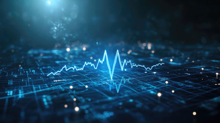 A stunning digital representation of a pulse wave on a futuristic background, showcasing the beauty of technology and data visualization in vibrant blue tones.の素材