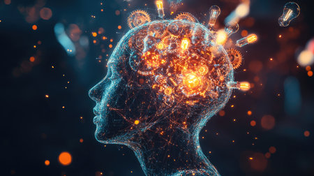 This image represents the essence of creativity and innovation, showcasing a human profile filled with glowing ideas, light, and intricate gears, symbolizing the dynamic flow of thought.の素材