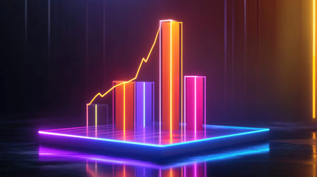 Vibrant neon graph depicting colorful bars and a rising trend line. Ideal for representing data analysis, business performance, and modern technology concepts.の素材