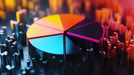 A colorful pie chart set against a vibrant digital background represents data visualization. Perfect for business presentations and analytics.の素材