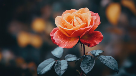 A stunning close-up of a vibrant rose adorned with dewdrops, set against a soft-focused backdrop. This image captures the essence of beauty in nature.の素材