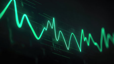 An abstract representation of a green line graph against a dark background, illustrating data flow and trends in a modern technological context.の素材