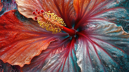 Discover the stunning details of a hibiscus flower, showcasing vibrant colors and intricate textures. This macro image captures the essence of nature's beauty.の素材