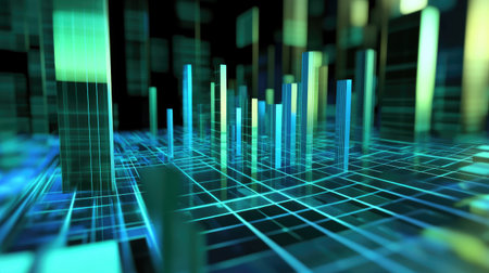 Vibrant abstract digital visualization with geometric shapes in neon colors. Ideal for technology, data analysis, or modern design projects.の素材