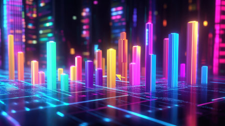 A vibrant neon visualization showcasing colorful data patterns in a futuristic digital environment, perfect for technology and analytics themes.の素材
