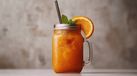 A vibrant orange drink served in a glass jar, garnished with mint leaves and an orange slice. Perfect for refreshing summer moments and celebrations.の素材