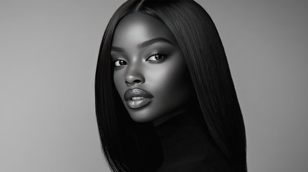 This striking monochrome portrait captures the elegance and beauty of a woman, emphasizing her features and hairstyle against a minimalist background.の素材