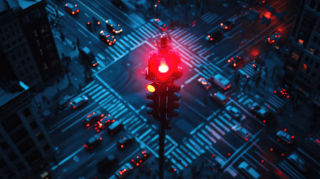 A stunning aerial view of a city intersection at night, showcasing a red traffic light amidst bustling streets and illuminated buildings, capturing urban life in motion.の素材