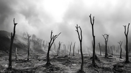 An eerie black and white scene capturing barren trees amidst swirling fog, illustrating desolation and the haunting beauty of a lost landscape.の素材