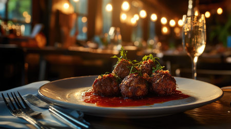 Enjoy a plate of savory meatballs topped with sauce and herbs, set in a beautifully lit restaurant, perfect for evening dining experiences.の素材