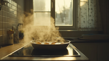 A serene kitchen scene featuring freshly cooked eggs steaming in a frying pan, illuminated by the soft morning light filtering through the window.の素材
