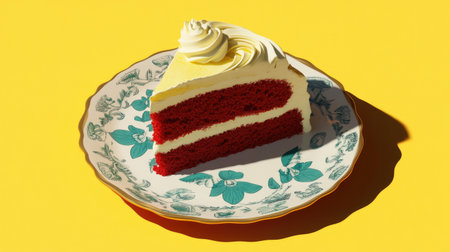 A slice of red velvet cake with cream frosting sits on a decorative plate against a bright yellow background, perfect for a cheerful dessert illustration.の素材