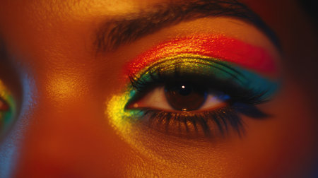 Close-up of a striking eye featuring bold, colorful makeup. The vibrant palette showcases creative artistry and beauty, highlighting the lashes and glow.の素材