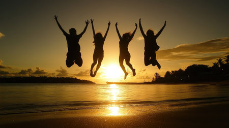 A vibrant silhouette of four friends joyfully jumping against a beautiful sunset at the beach, capturing the essence of friendship and freedom in nature.の素材