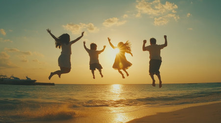 A joyful family leaps together against a stunning sunset backdrop, capturing the essence of happiness and togetherness on a beautiful beach.の素材