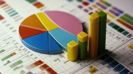 Vibrant charts and graphs illustrate data analysis and visualization in a business or office setting, ideal for presentations and reports.の素材