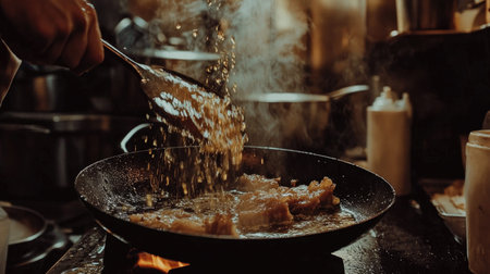 A dynamic kitchen scene capturing the action of frying food in a sizzling pan. Steam rises as the chef expertly handles the ingredients, creating a vibrant and appetizing atmosphere.の素材