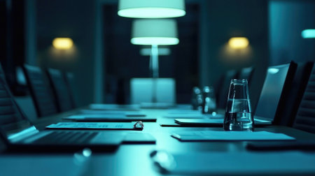 A modern conference room set for a meeting with blue lighting effects, featuring a glass of water, documents, and a sleek table design. Ideal for corporate themes.の素材