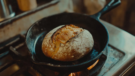 A beautifully baked round bread sits in a cast iron skillet over gentle flames. The rustic texture and warm color evoke a sense of home and comfort.の素材