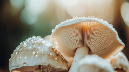 A stunning close-up of fresh mushrooms adorned with dew drops, highlighting their natural beauty and intricate textures in a serene forest setting.の素材