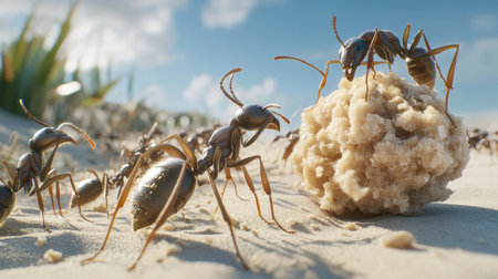 A captivating close-up of ants working together on a sandy beach, showcasing their teamwork as they gather food. Perfect for nature-themed projects.の素材