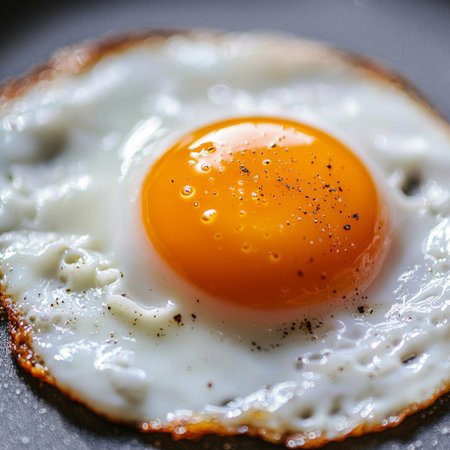 A beautifully cooked frying egg with a bright yolk and crispy edges, perfect for breakfast or brunch. This culinary delight radiates warmth and flavor.の素材