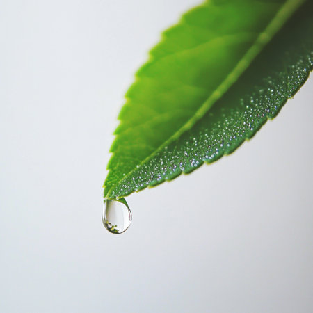 A close-up image of a fresh green leaf with a captivating raindrop, showcasing the beauty of nature in a tranquil setting, perfect for illustrating themes of growth and purity.の素材