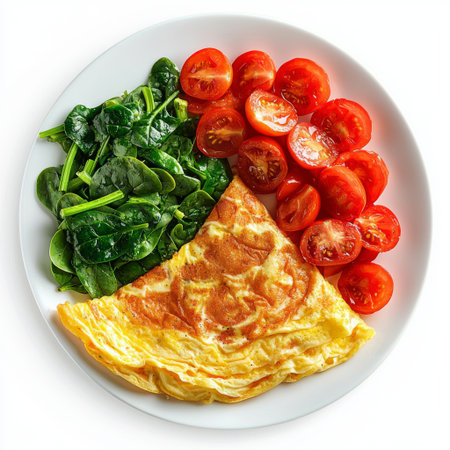 A vibrant plate features a fluffy omelette beside fresh spinach and ripe tomatoes. Perfect for a nutritious breakfast or a healthy snack choice. Enjoy the flavors!の素材