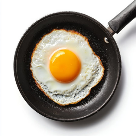 A vibrant sunny side up egg sits perfectly in a black frying pan against a crisp white background, highlighting the delicious simplicity of breakfast. Perfect for food photography.の素材