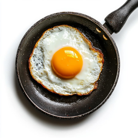 A vibrant image of a freshly cooked egg in a black frying pan shows a sunny-side-up egg with a golden yolk and crispy white edges, ideal for recipes.の素材
