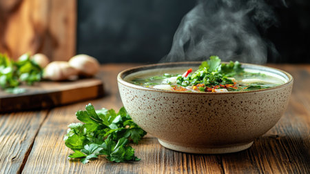 A rustic bowl of steaming hot soup garnished with fresh herbs, set on a wooden table, creating a warm and inviting culinary scene. Perfect for food lovers.の素材