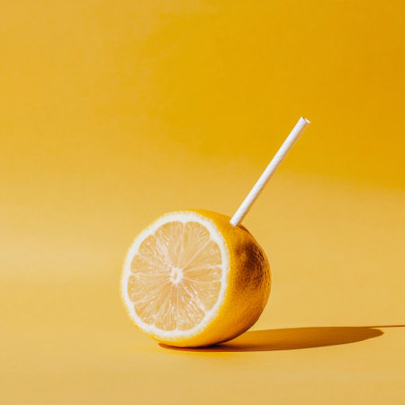 A vibrant lemon half with a straw sits against a cheerful yellow backdrop, perfect for showcasing fresh beverages, summer recipes, or bright culinary inspirations.の素材