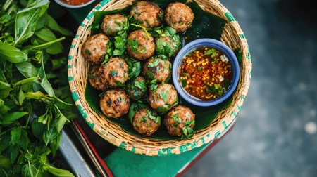 A beautifully arranged basket of savory meatballs garnished with fresh herbs and served with a spicy dipping sauce, showcasing vibrant colors and fresh ingredients.の素材