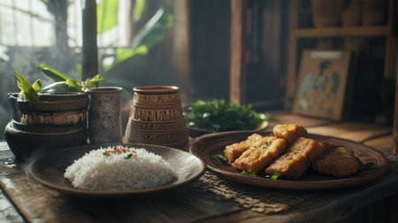 A beautiful arrangement of a traditional meal featuring white rice and crispy fried fish on pottery dishes, displayed in a warm, rustic setting filled with fresh herbs.の素材