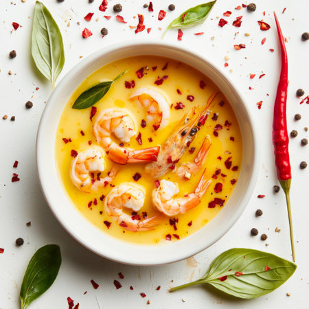 A visually appealing bowl of shrimp soup featuring a vibrant yellow broth, fresh herbs, and spices, ideal for showcasing culinary creativity and flavor.の素材