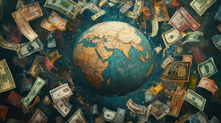 A stunning artwork depicting a globe surrounded by various currencies, representing the dynamic flow of global finance and economic interactions.の素材