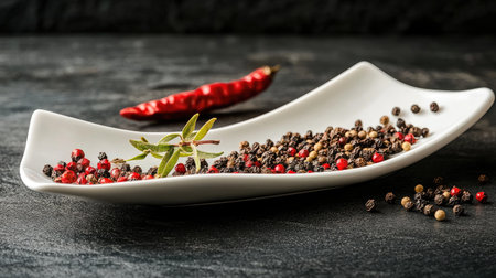 A visually appealing arrangement of various spices on a white plate, featuring colorful peppercorns and a red chili, perfect for culinary photography.の素材