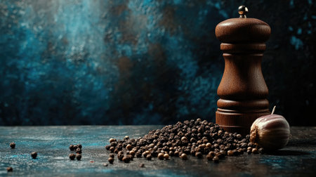 A captivating still life featuring a wooden pepper grinder, scattered black peppercorns, and a garlic clove on a textured dark background, ideal for culinary themes.の素材