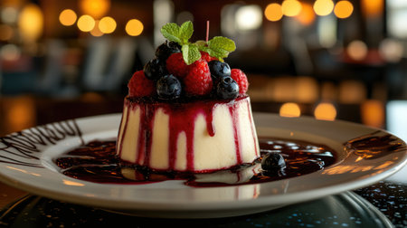 A delectable dessert featuring creamy layers topped with fresh berries and a vibrant berry sauce. Perfect for gourmet dining and special occasions.の素材
