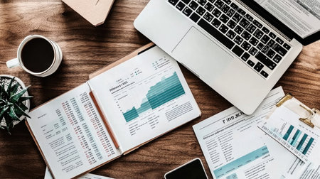 A top-down view of a workspace featuring a laptop, business documents, a coffee cup, and a small plant, showcasing analysis and professional productivity.の素材