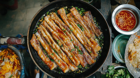A top-down view of grilled fish fillets garnished with green onions in a frying pan, showcasing a delicious and vibrant cooking scene. Perfect for food enthusiasts.の素材