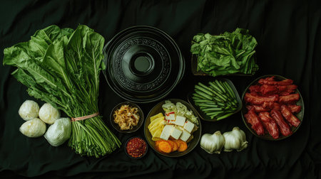 A visually appealing arrangement of fresh ingredients showcasing vegetables, meats, and herbs perfect for meal preparation or food styling. Ideal for culinary projects.の素材