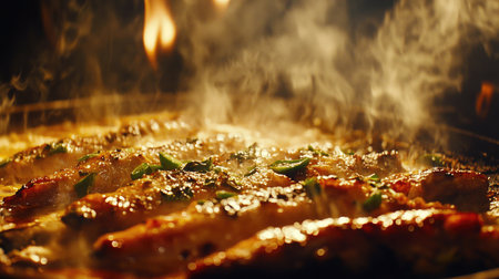 Mouthwatering grilled meat sits on a hot grill, enhanced with fresh vegetables. The sizzling sound and rising steam add an enticing atmosphere to this cooking scene.の素材