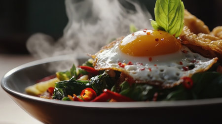 A vibrant egg dish featuring a perfectly cooked sunny-side-up egg atop a bed of fresh vegetables and herbs. Ideal for breakfast or brunch.の素材